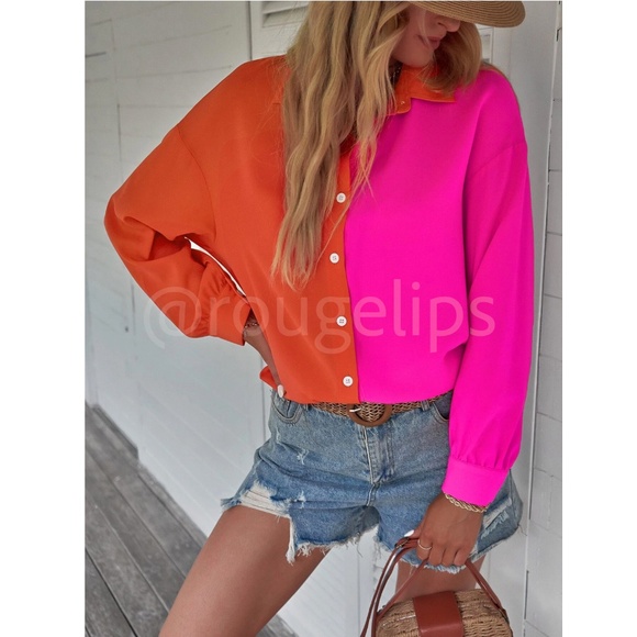 Two Tone Bright Button Down Shirt Hot Pink and Orange Long Sleeve - Picture 6 of 7